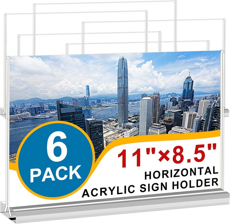 Arrobust Acrylic Sign Holder 8.5x11 Inches 6 Pack Horizontal, T -Shaped Double Sided Clear Paper Frames, PlasticTable Menu Display Holder, Document Flyer Table Stand for Office, Store, Restaurant - Image 1